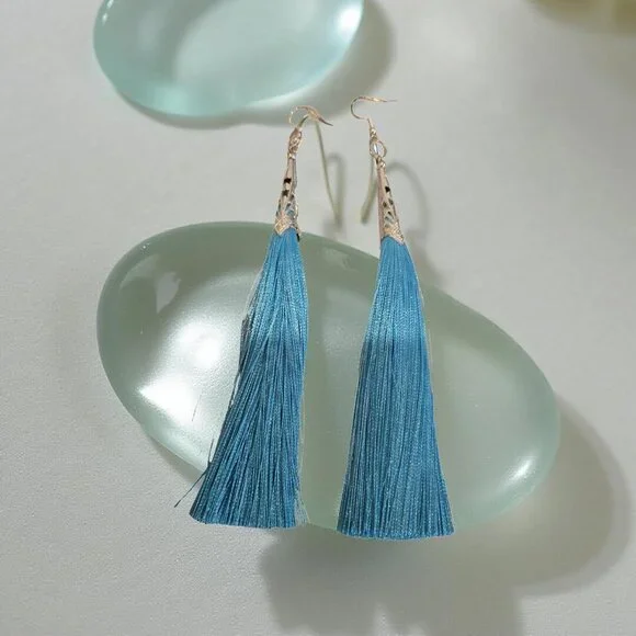 Turquoise Blue Tassel Earrings 3 in. long - Picture 3 of 3